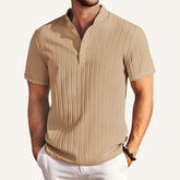 Camisa Gola Padre Plissada listrada Old Money Richelieu bege