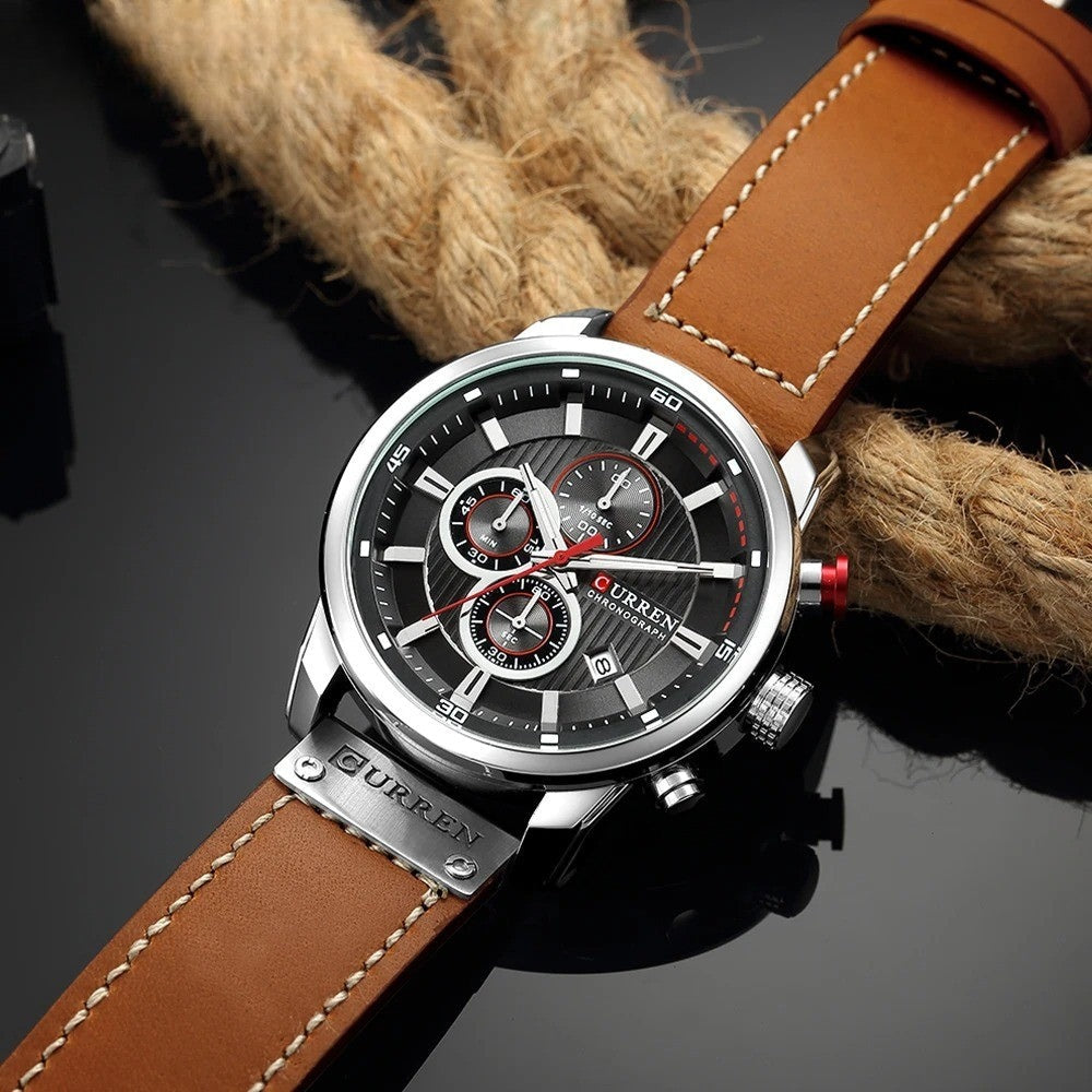 Mens Chronograph Premium Leather Watch - Dominus Silver